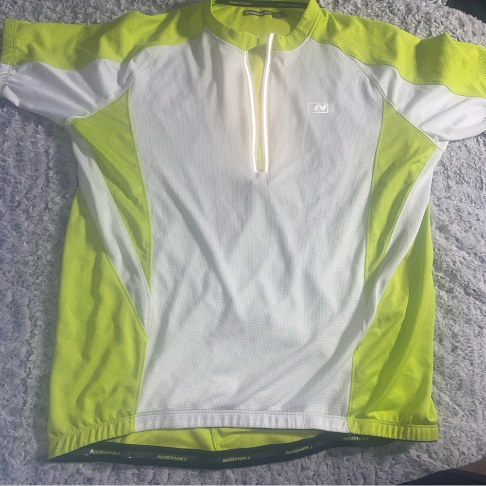Men's White and Neon Green Nishiki Cycling Jersey